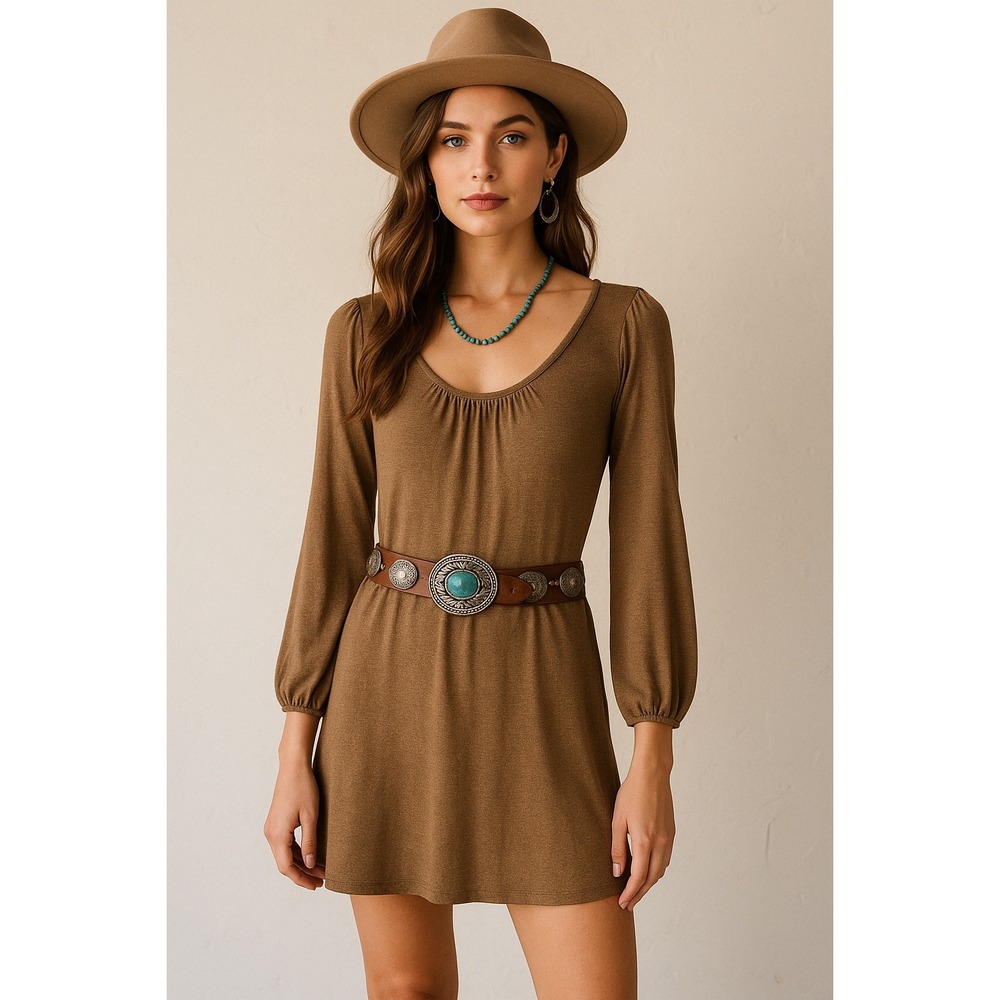 Michael Stars Y2k Dress One Size Brown Long Sleeve Casual Knit Western Boho